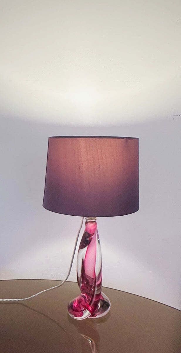 1950s Belgium Val Saint Lambert Pink & Clear Twisted Crystal Glass Table Lamp Base photo 325.0