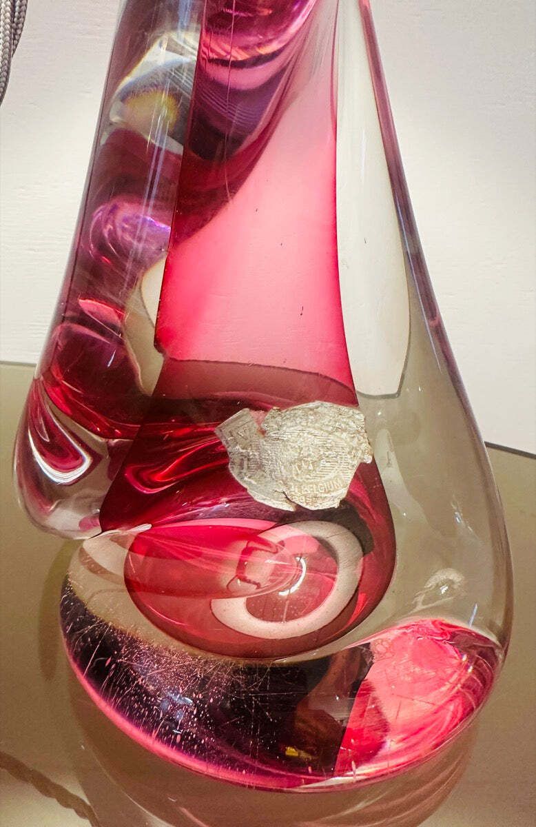 photo vinterior 1950s Belgium Val Saint Lambert Pink & Clear Twisted Crystal Glass Table Lamp Base