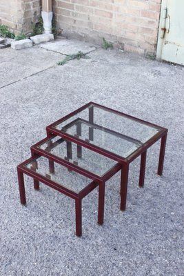 Bordeaux And Brass Lacquered Metal Tables From Maison Jansen, France, 1950s, Set Of 3 photo furniture