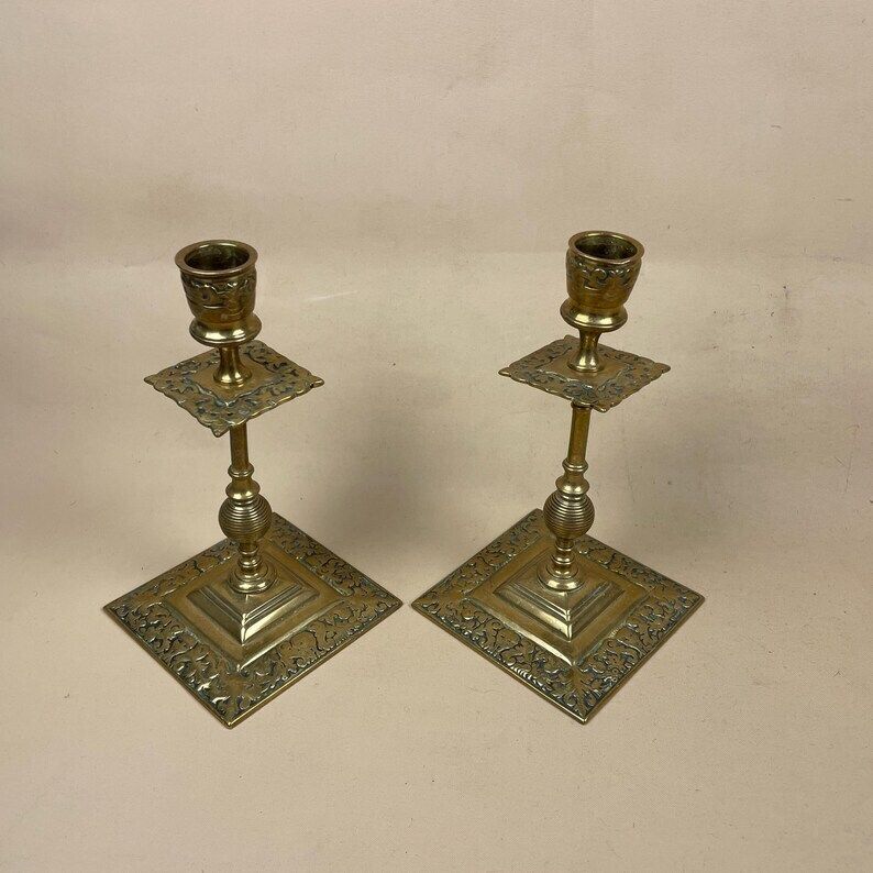 Antique Matching Pair Of Gold Brass Metal Candlestick Candle Stick Vintage Column Taper Dinner Candlesticks Square Base Column Ornate Old photo furniture