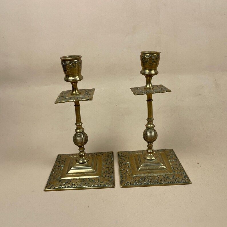 Antique Matching Pair Of Gold Brass Metal Candlestick Candle Stick Vintage Column Taper Dinner Candlesticks Square Base Column Ornate Old photo 69.0