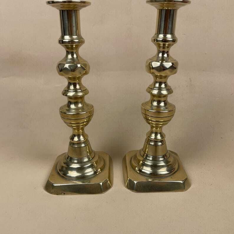 Antique Matching Pair Of Gold Brass Metal Candlestick Candle Stick Vintage Column Taper Dinner Candlesticks Square Base Shiny Ornate Old photo Home Decor