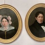 Oil On Canvas Pair Of Portraits In Gilded Oval Frames, 19th Century photo for sale
