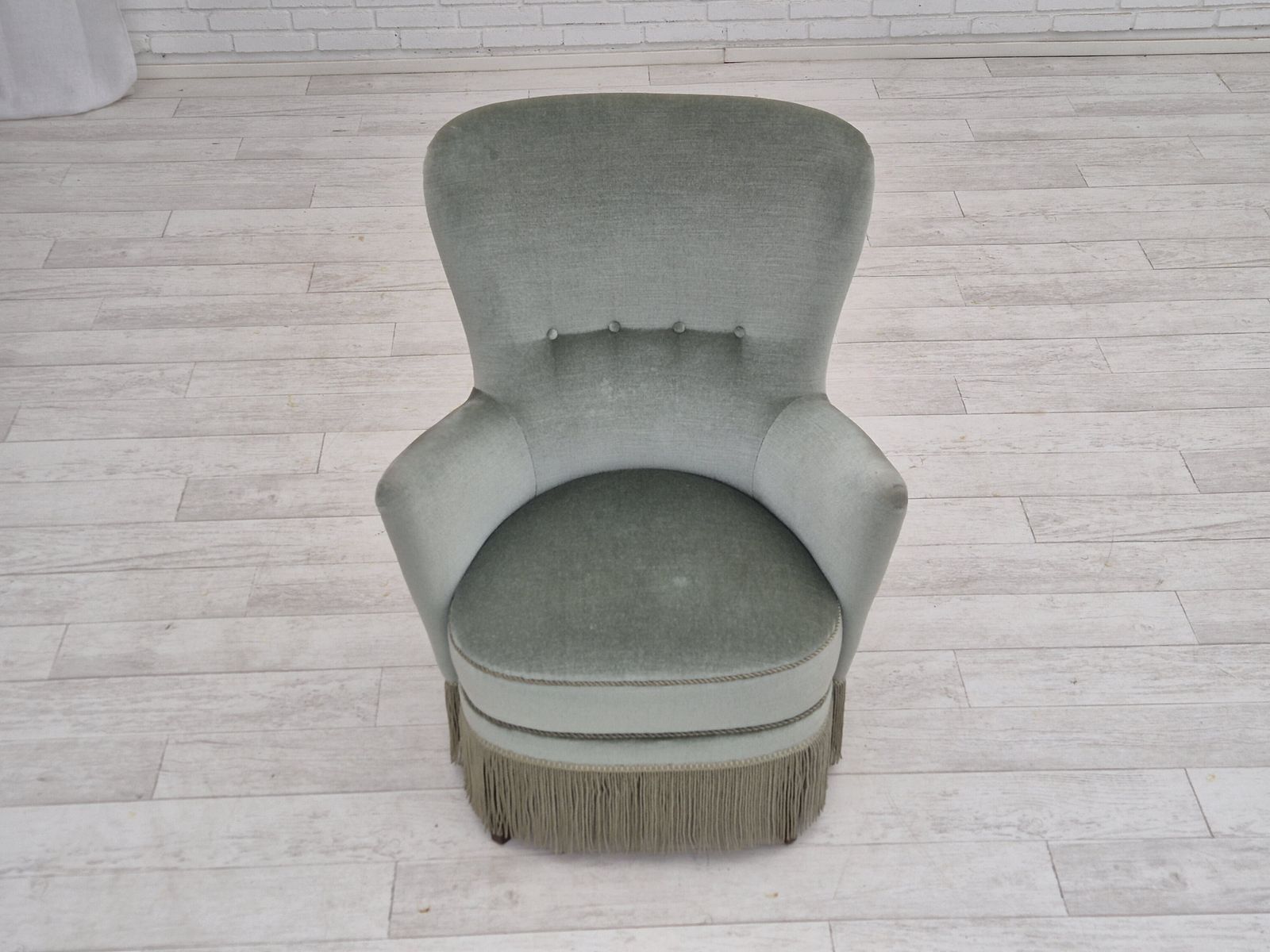 Jaren 1970, Deense Fauteuil, Meubelvlour, Beukenhouten Poten. photo vintage