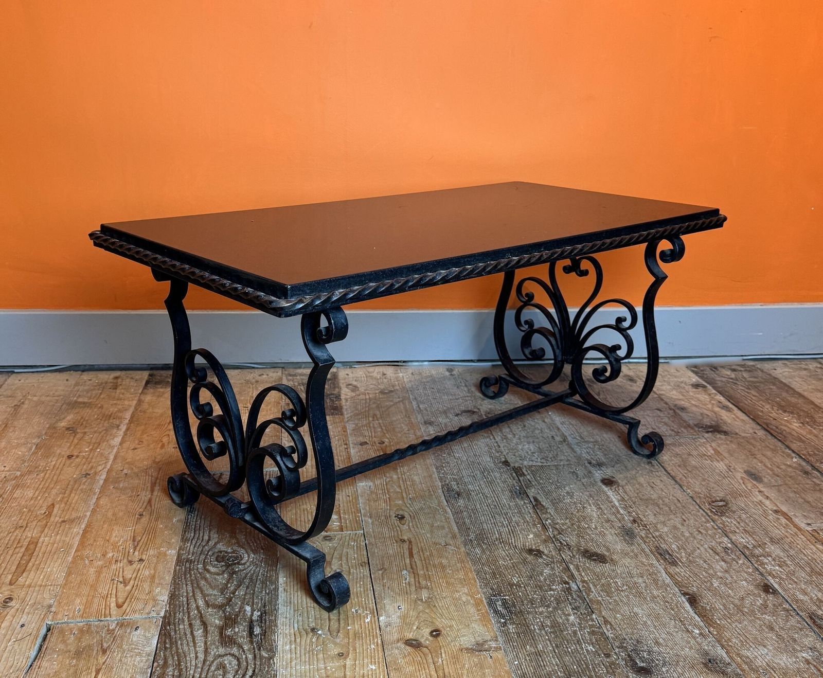 French Wrought Iron And Black Marble Coffee Table