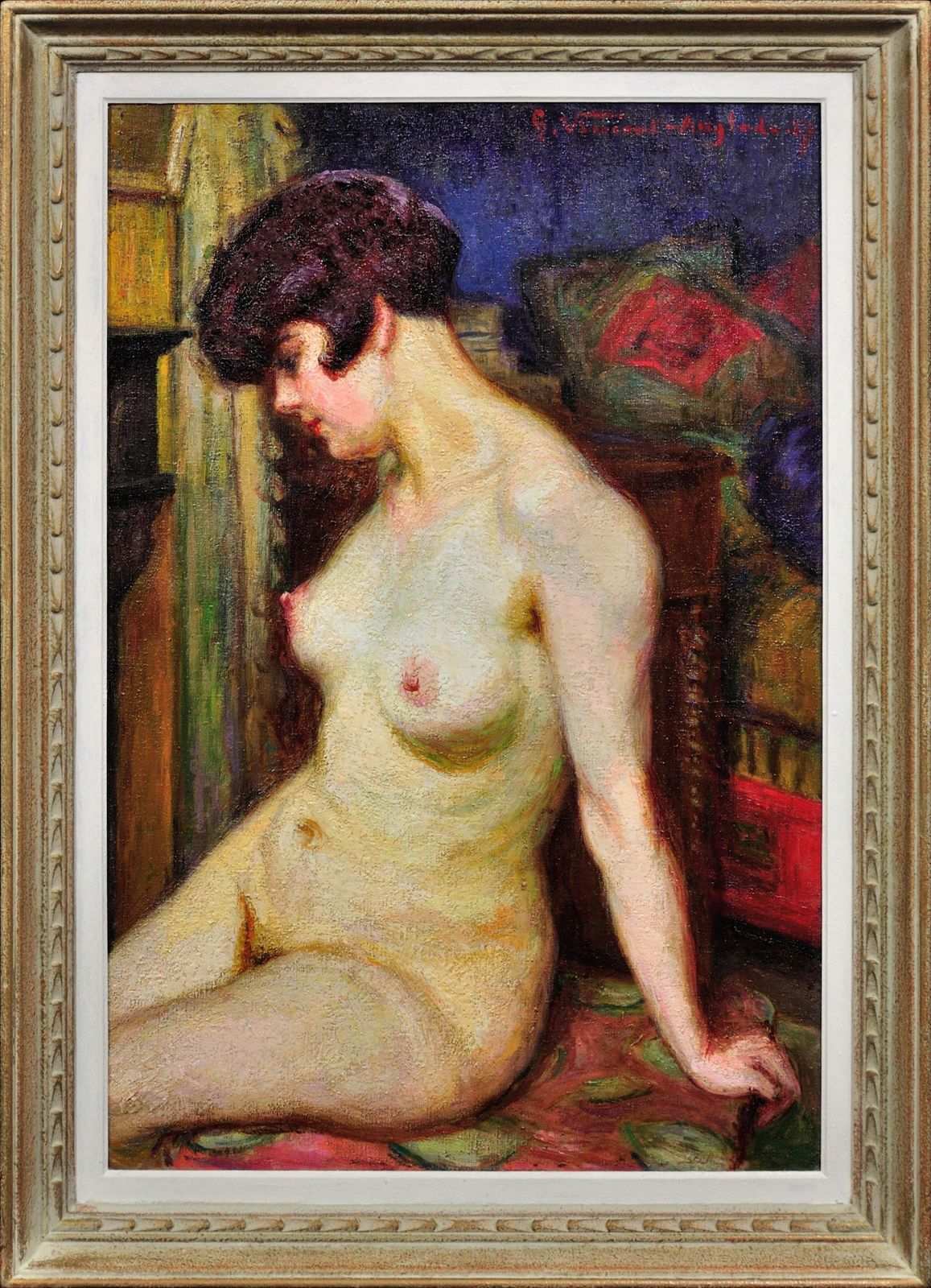 Henri Vincent Anglade 1876 To 1956. La Muse. Framed 1937 French Post Impressionist Oil Painting Of A Female Nude.