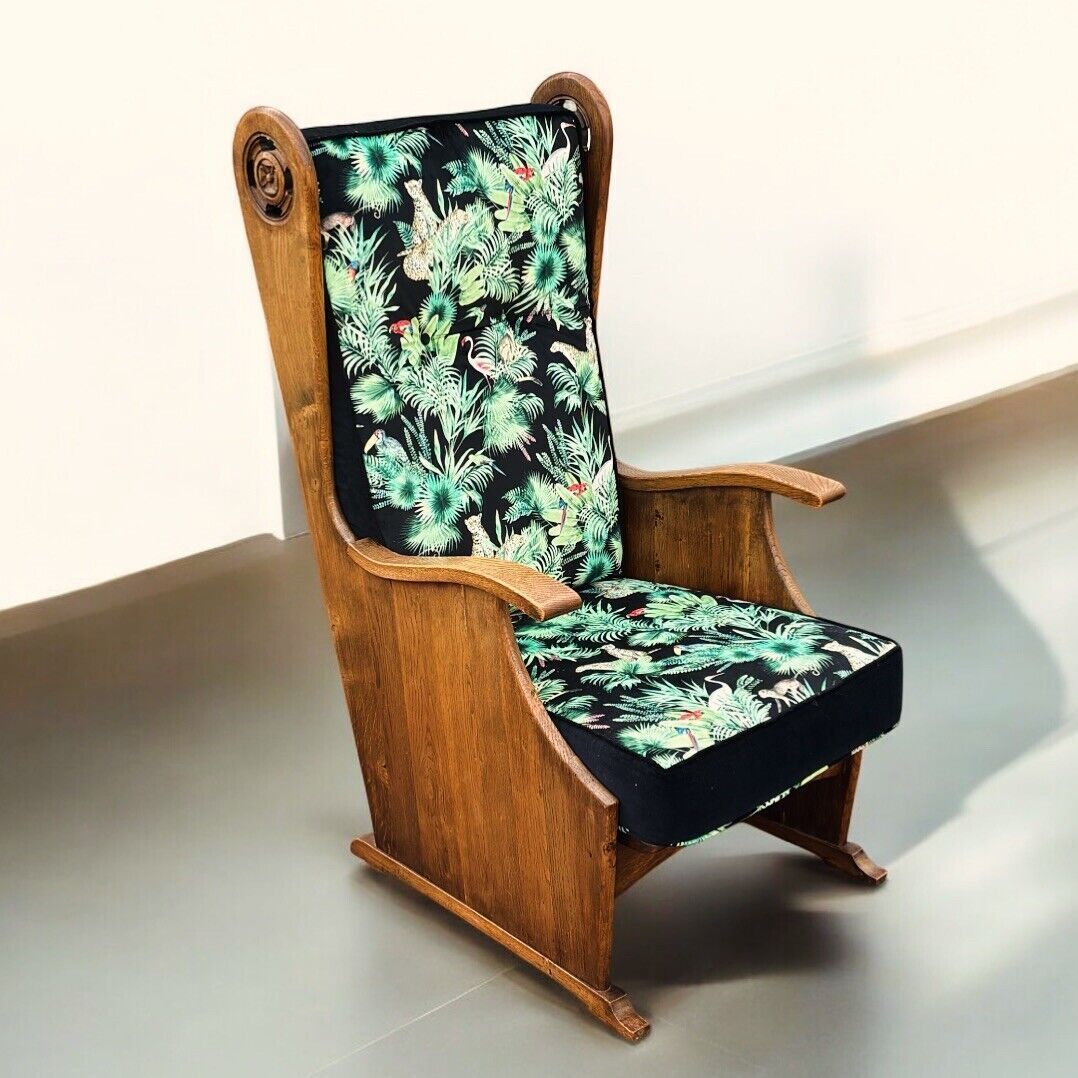 Mid Century Oak Armchair In New Upholstery In A Designer Print.