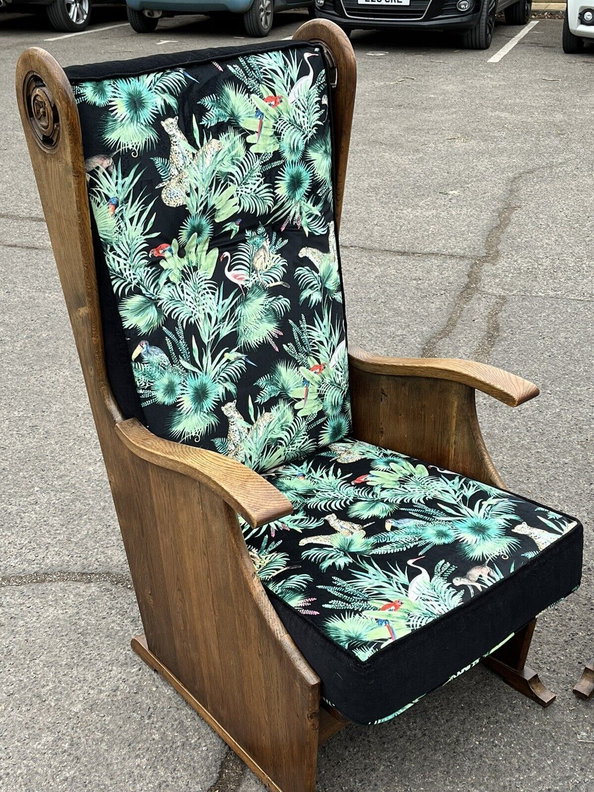 photo furniture Mid Century Oak Armchair In New Upholstery In A Designer Print.