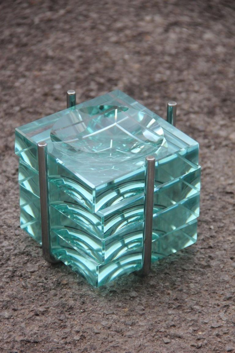 Gallotti & Radice Ashtray Piece Often Crystal Glass Metal Structure 1970 Italian photo for sale