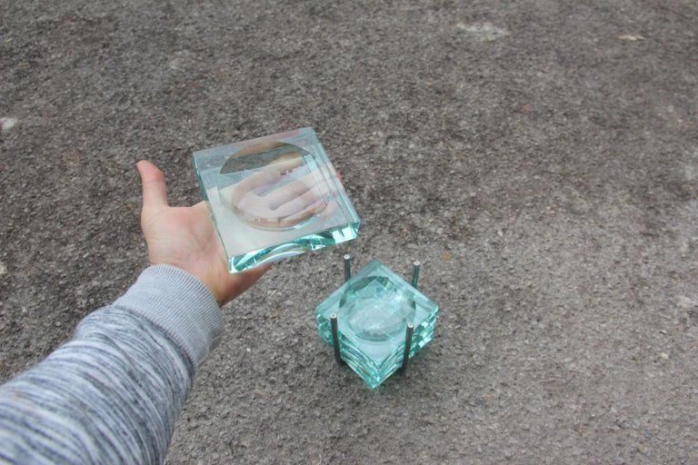 Gallotti & Radice Ashtray Piece Often Crystal Glass Metal Structure 1970 Italian photo vintage