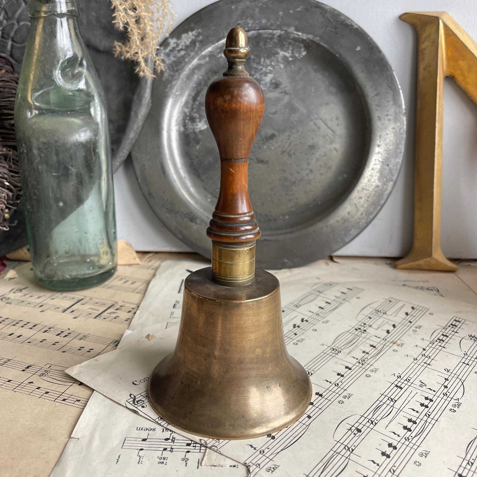 Vintage Brass Bell   Antique Hand Bell   Turned Wood Handle   Tea Bell   Photography Prop photo 68.0
