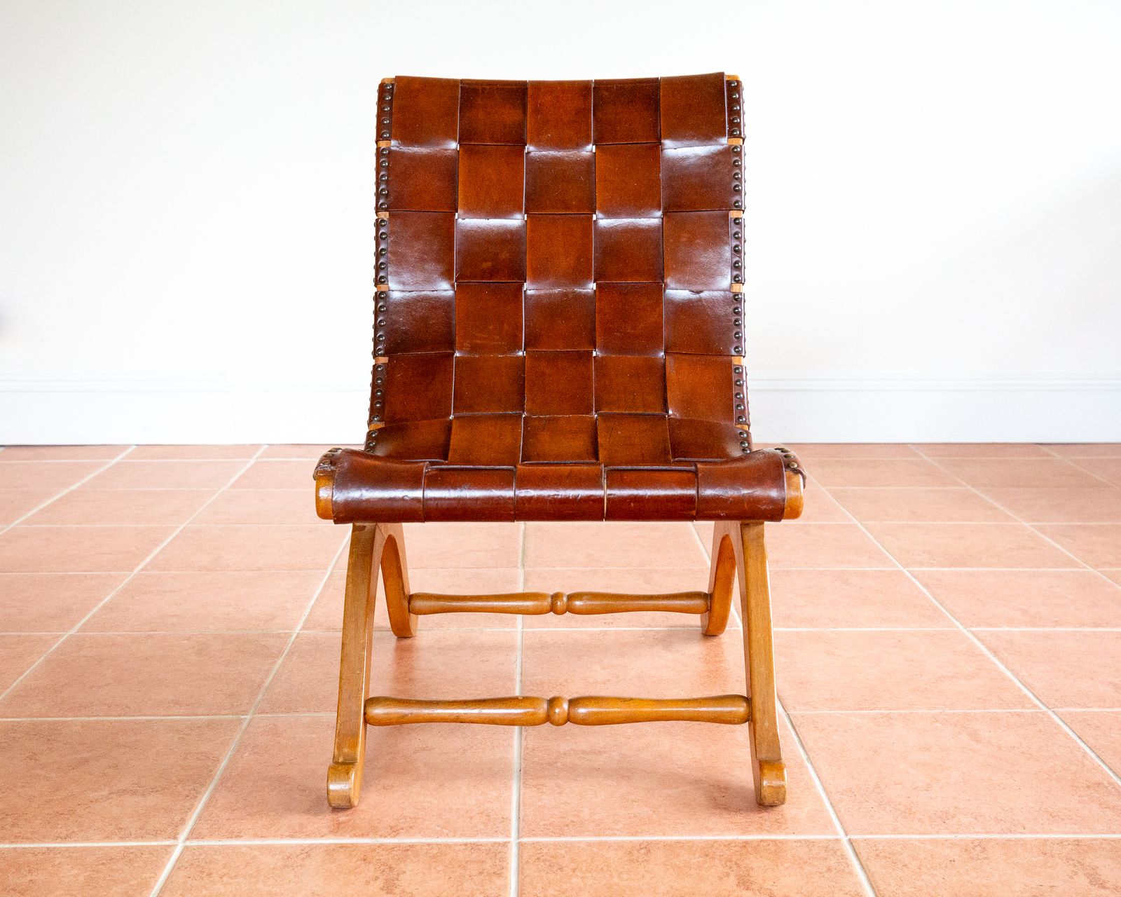 Pierre Lottier Slipper Lounge Chair Cigar Leather Strap 1960s Blonde Valenti Spanish French Mid Century Mcm Designer Neoclassical photo for sale