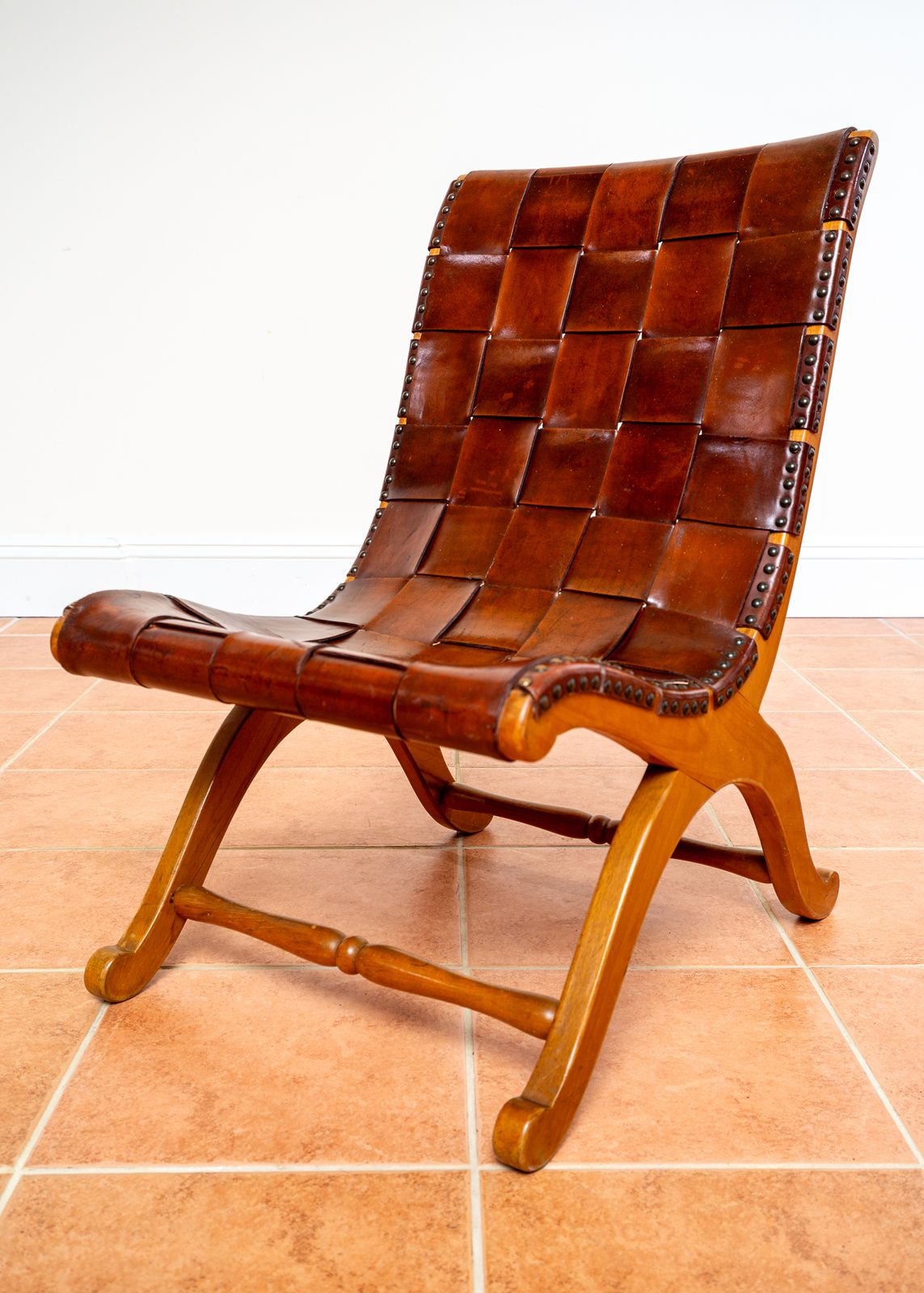 Pierre Lottier Slipper Lounge Chair Cigar Leather Strap 1960s Blonde Valenti Spanish French Mid Century Mcm Designer Neoclassical photo buy
