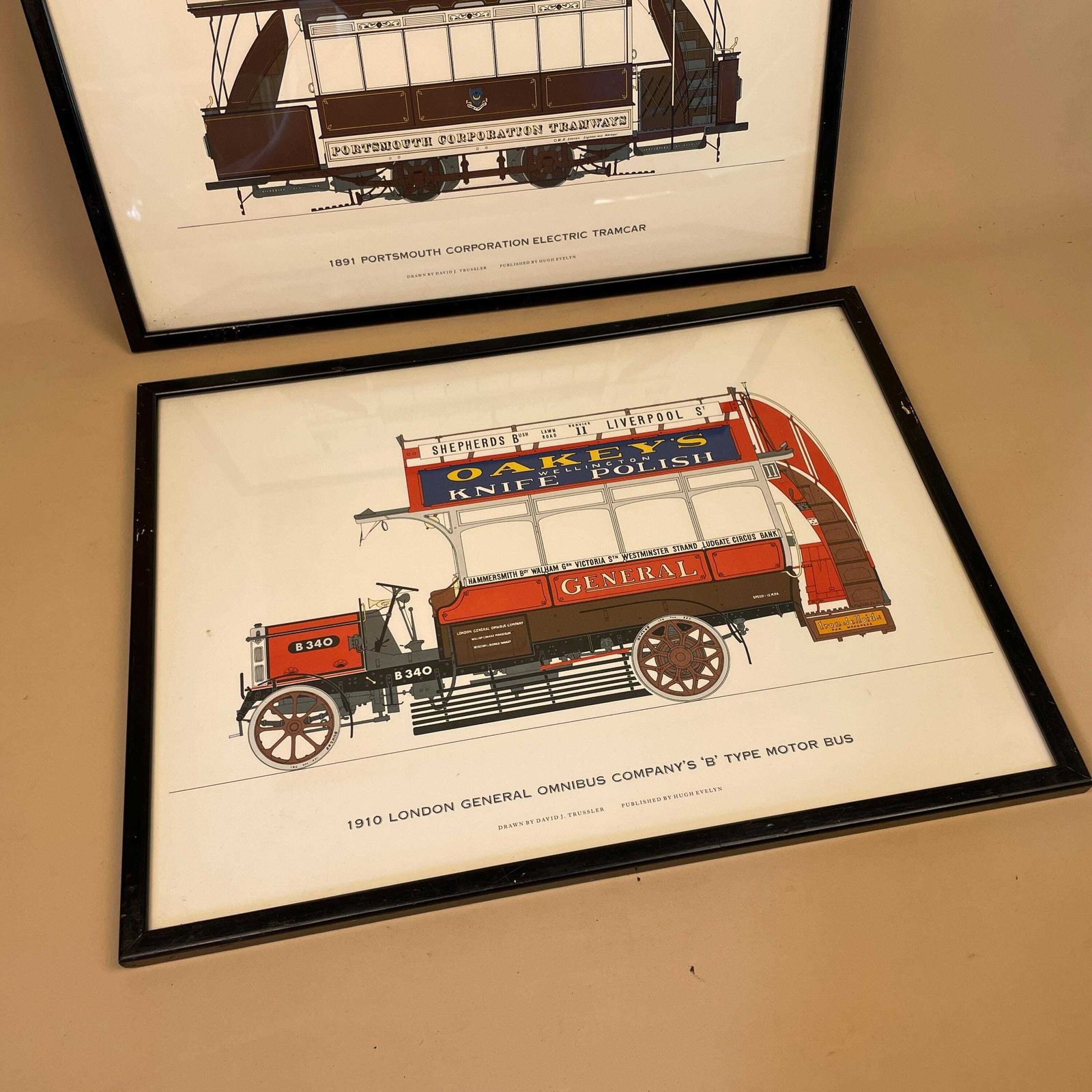 Vintage London & Portsmouth Tram Drawings From 1910 And 1891 Antique Framed Prints David J Trussler photo for sale
