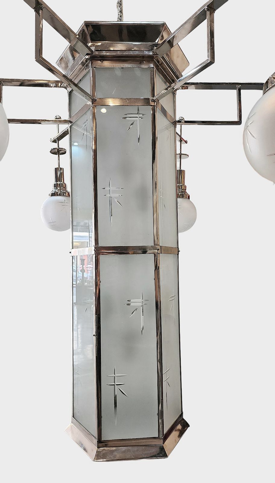 1920s Former Palacio Sudamérica's Art Déco Metal And Glass Lighting Fixture, Uruguay photo for sale