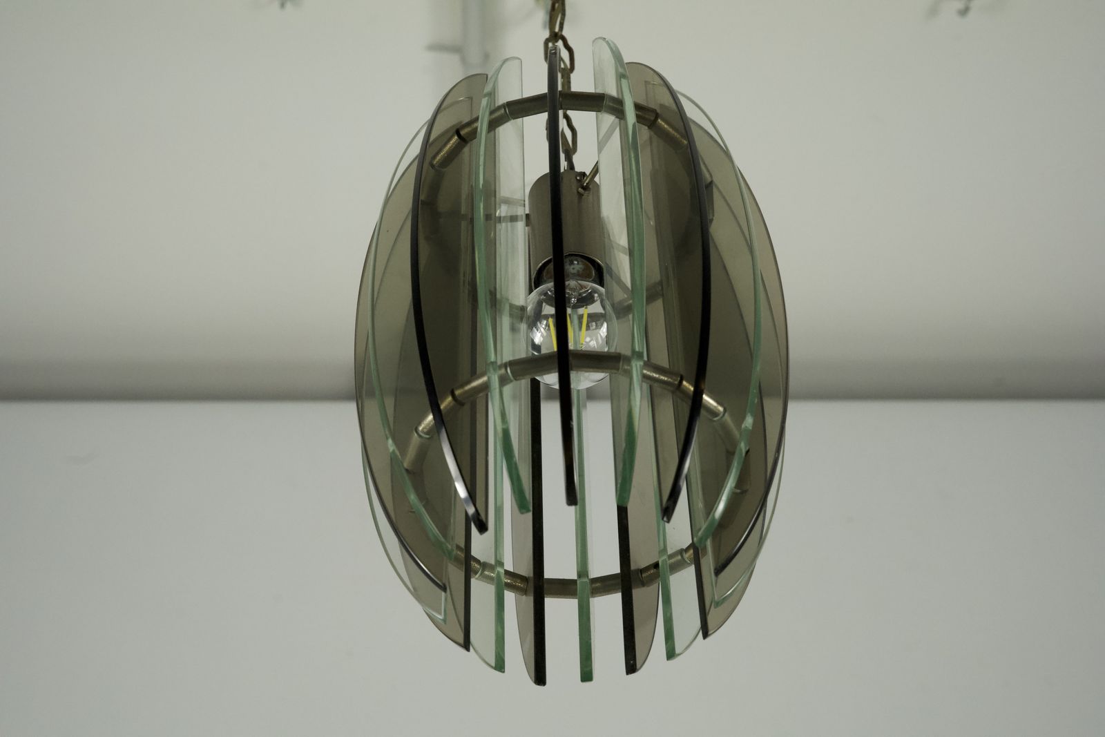 Mid Century Italian Fume And Clear Thick Glass Chandelier By Veca. Italy 1960s photo vinterior