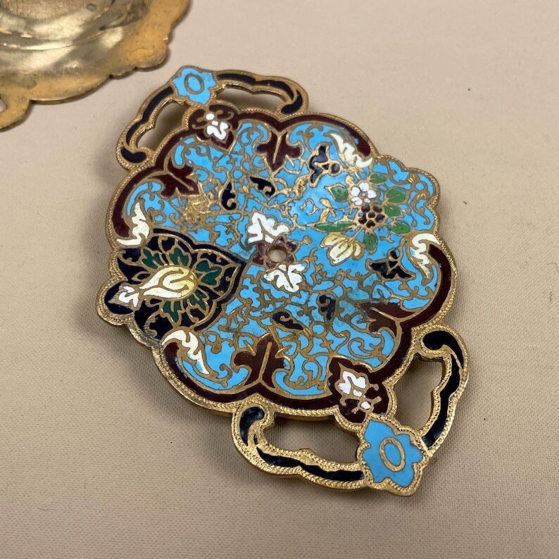 Oriental Chinese Cloisonne Handmade Handle Trim Floral Decorative Antique Asian Metal Gold Brass Enamel Painted Flower Blue Gold Cabinet photo buy