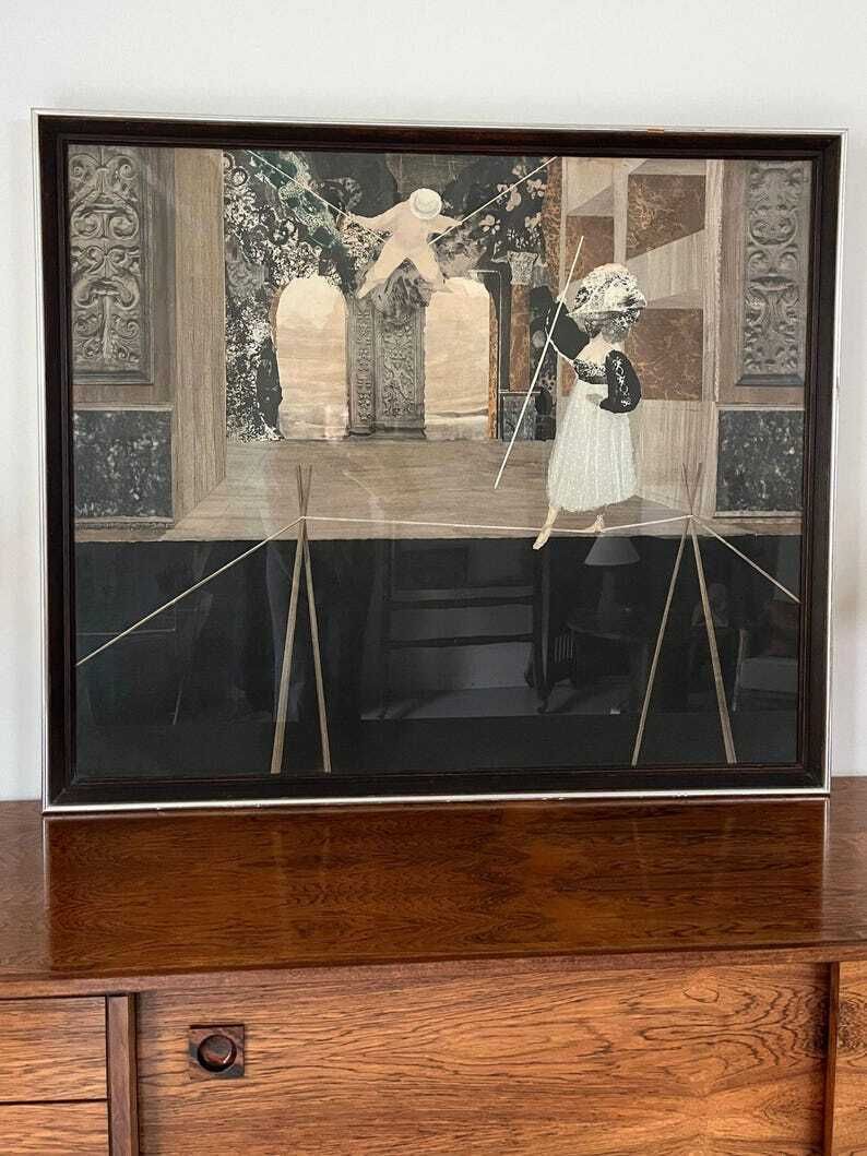 Italian Collage Stage Set Design Attr Piero Fornasetti, Large Mid Century Monochrome Artwork, Italy C.1960, Framed And Glazed photo Art