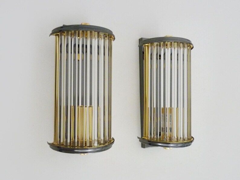 Pair Of Art Deco Style Wall Lights, Brass, Metal And Glass Gs Model Vadisa. 70s photo for sale