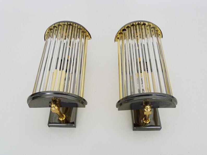 Pair Of Art Deco Style Wall Lights, Brass, Metal And Glass Gs Model Vadisa. 70s photo 761.0