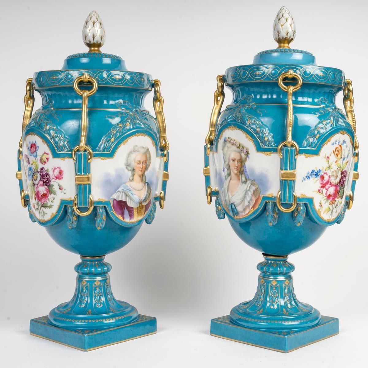 Pair Of German Porcelain Covered Vases, 19th Century, Napoleon III Period. photo Home Decor