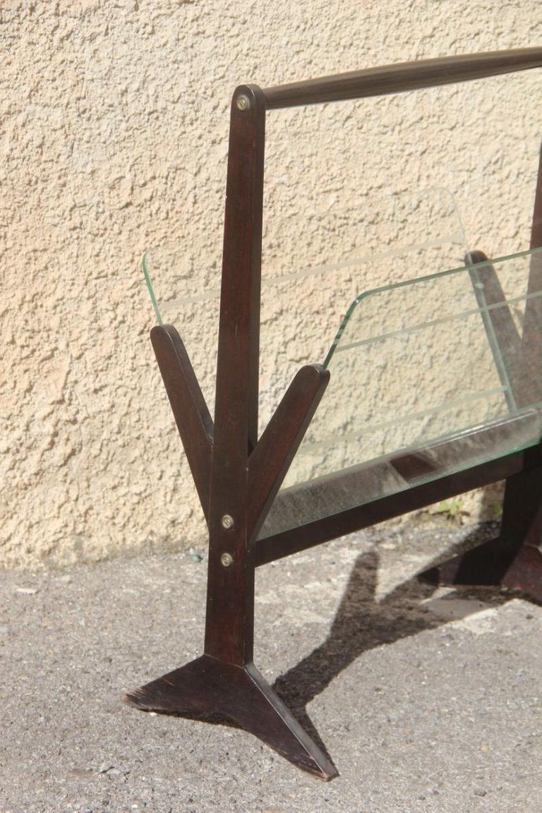 Mahogany Magazine Rack Geometric Shape Italian Design Midcentury Glass Parts photo Home Decor