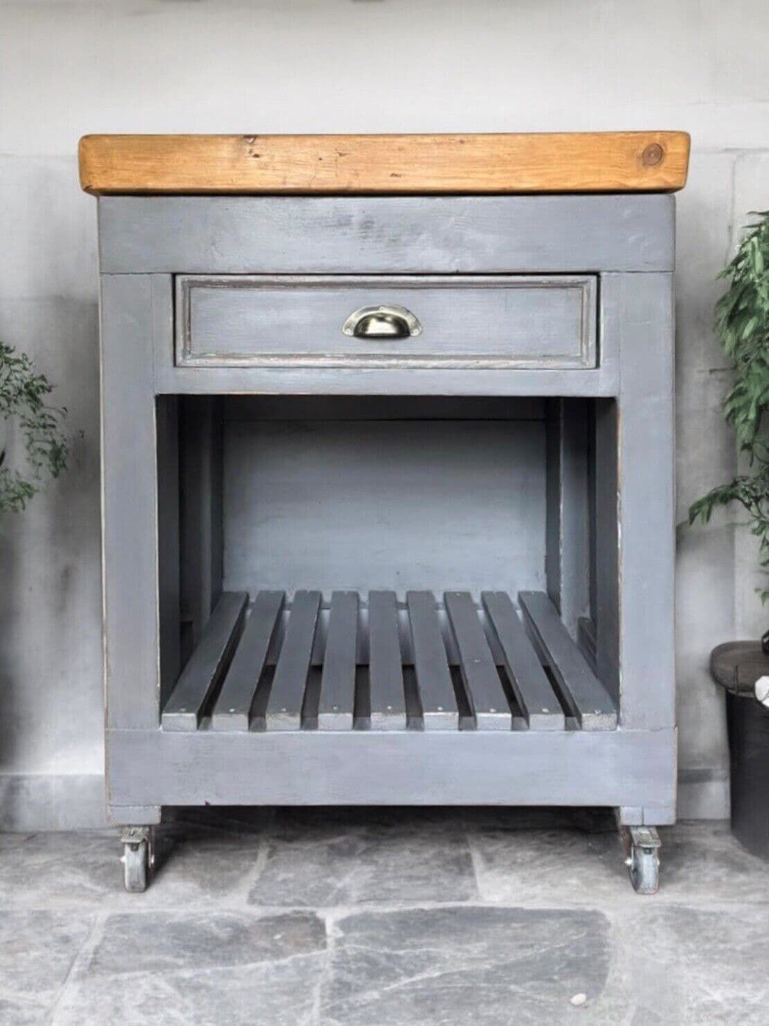 Vintage Grey Painted Butcher’s Block Kitchen Cart Island