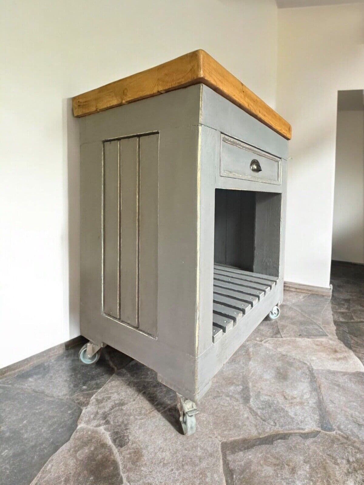 Vintage Grey Painted Butcher’s Block Kitchen Cart Island photo for sale