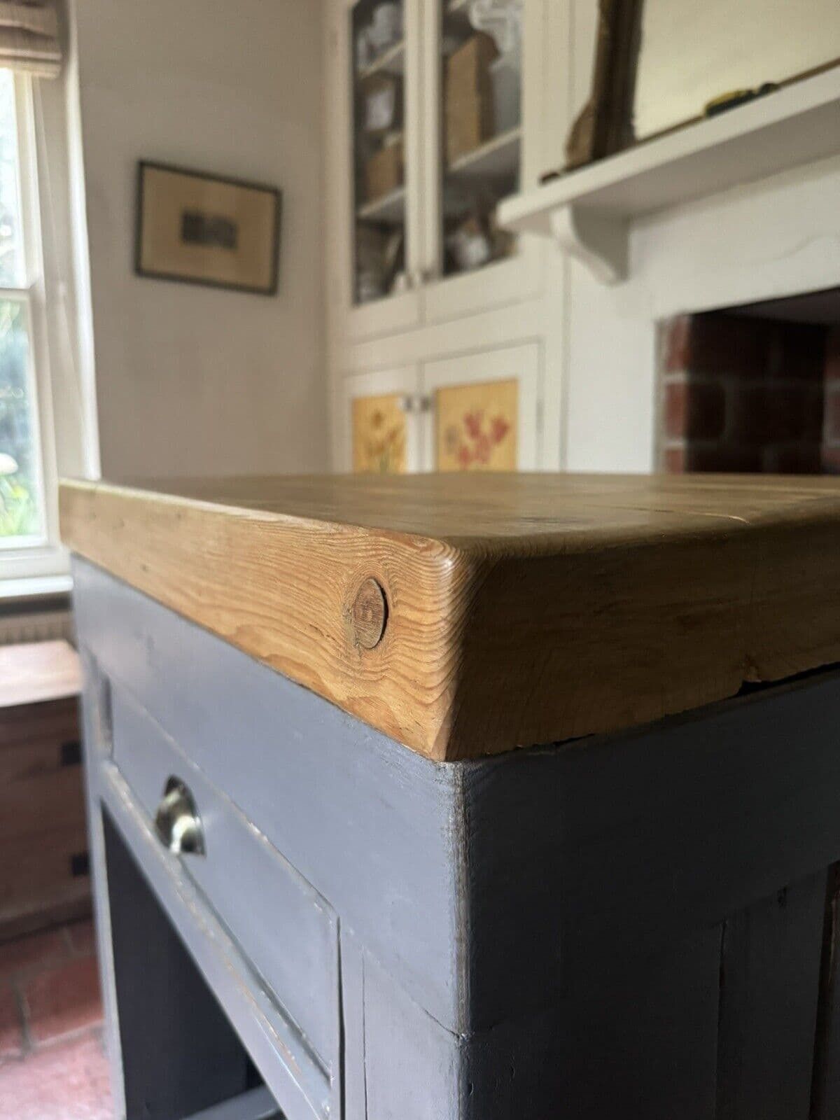 Vintage Grey Painted Butcher’s Block Kitchen Cart Island photo vinterior