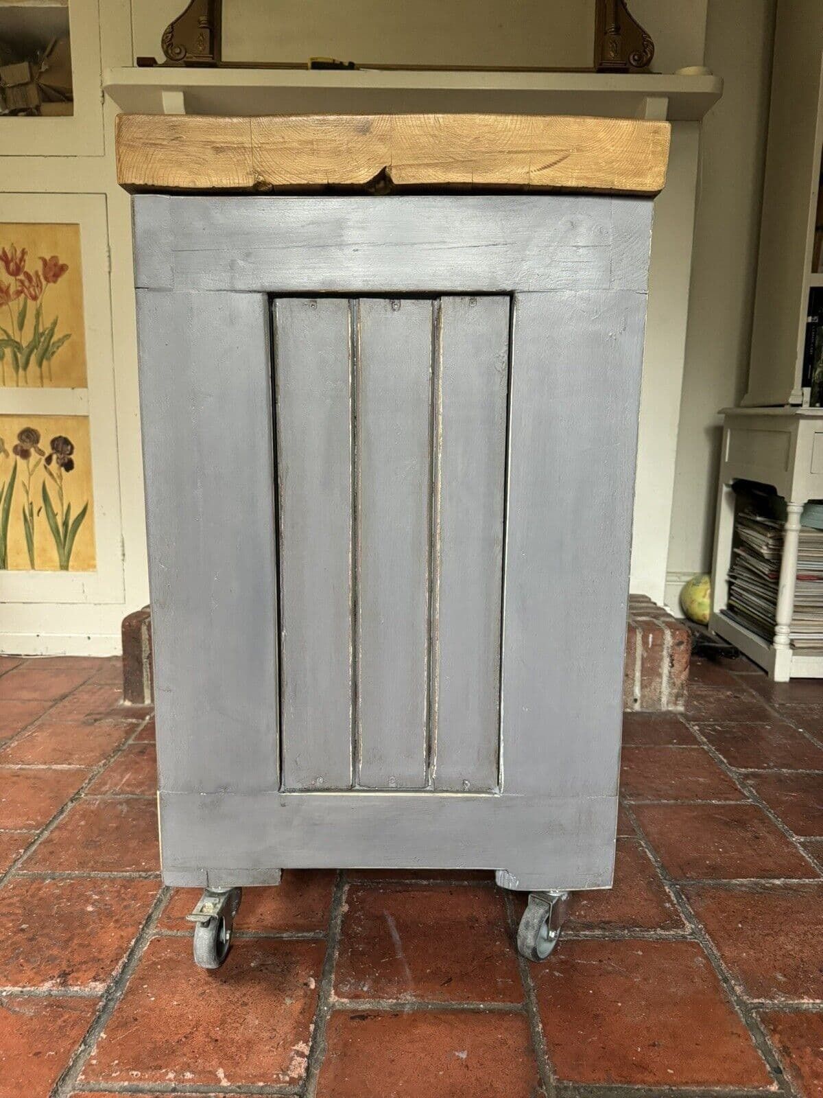 Vintage Grey Painted Butcher’s Block Kitchen Cart Island photo vintage