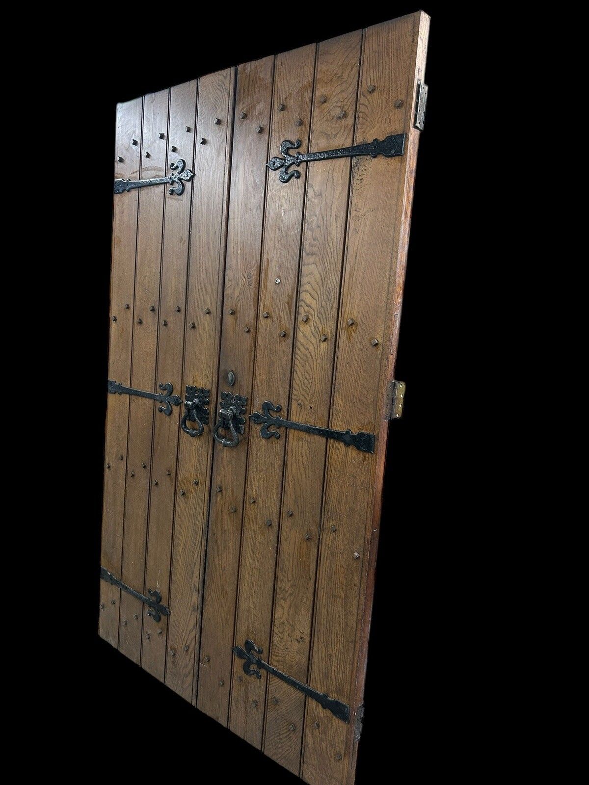 Solid Oak Doors Double Antique Period Reclaimed Old Iron Handles Wood Planks photo for sale