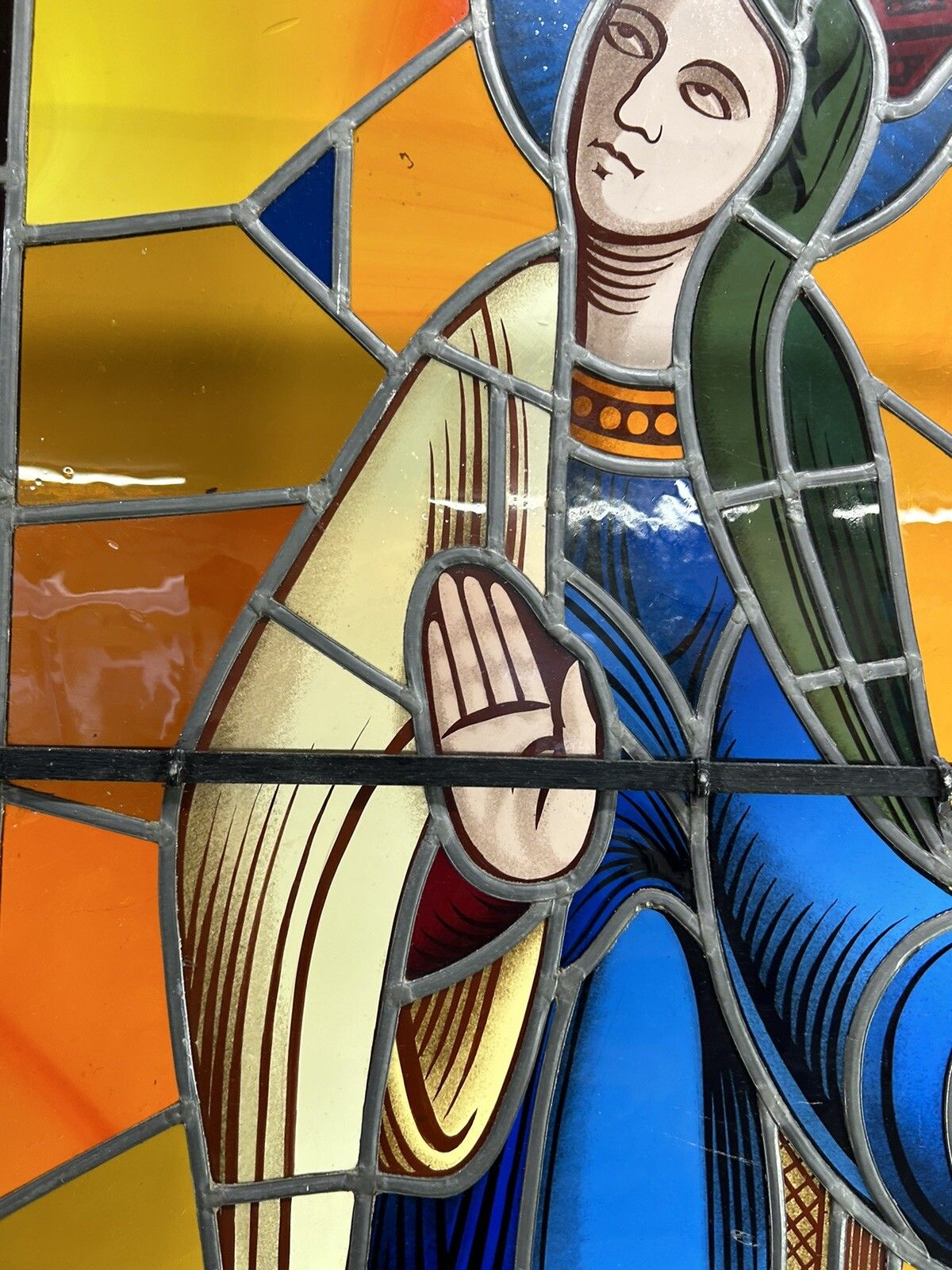 Home Decor Stained Glass Hand Painted Window Panel Old Antique J Vosch Belgium Leaded Rare photo