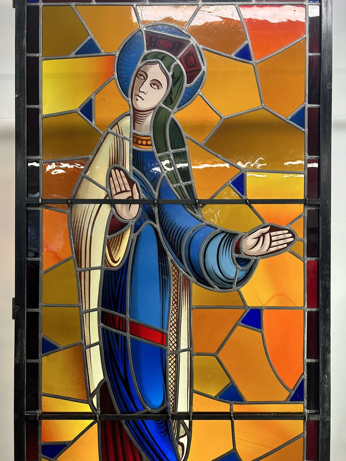 photo buy Stained Glass Hand Painted Window Panel Old Antique J Vosch Belgium Leaded Rare