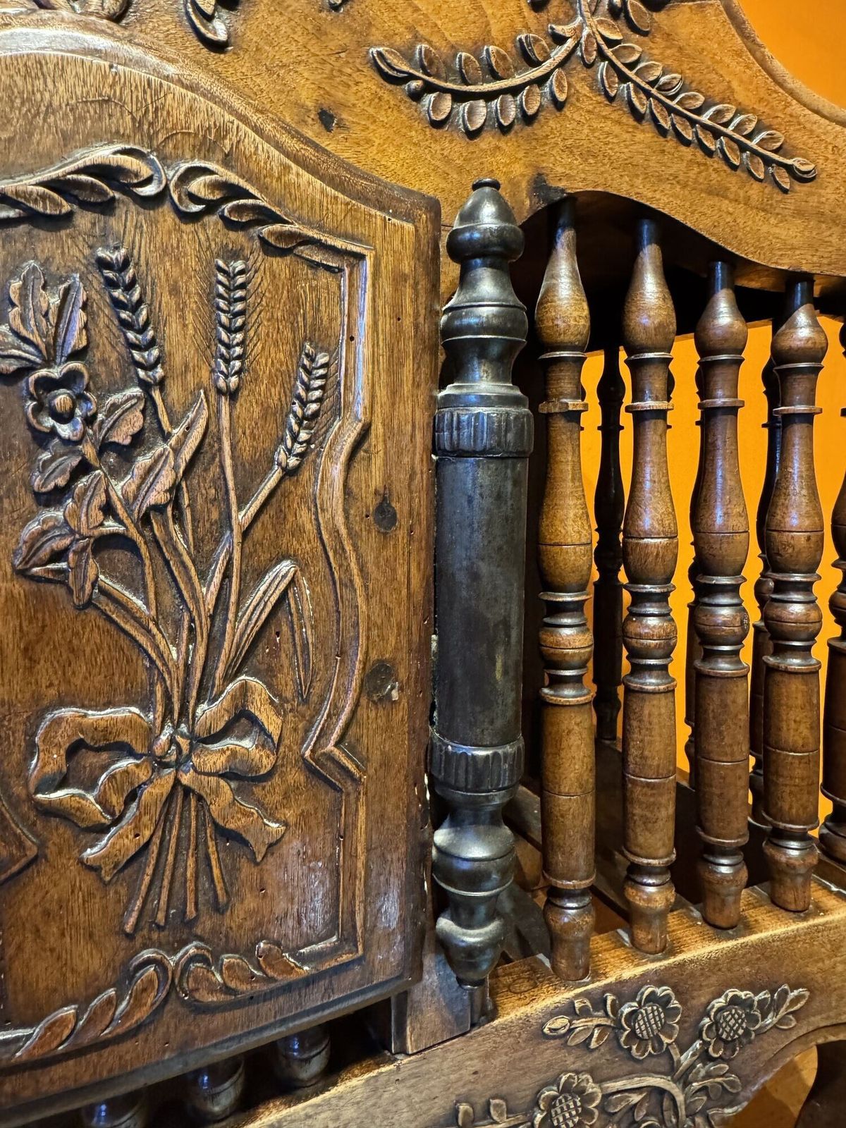 photo for sale 18th Century French Carved Walnut Panetiere With Turned Finials