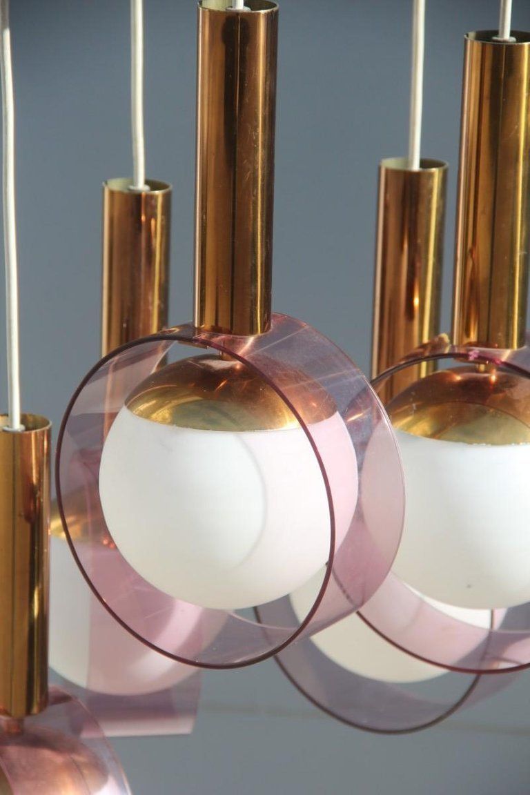 Round Stilux Milano Midcentury Chandelier Brass Plexiglass Gold Italian Design photo furniture