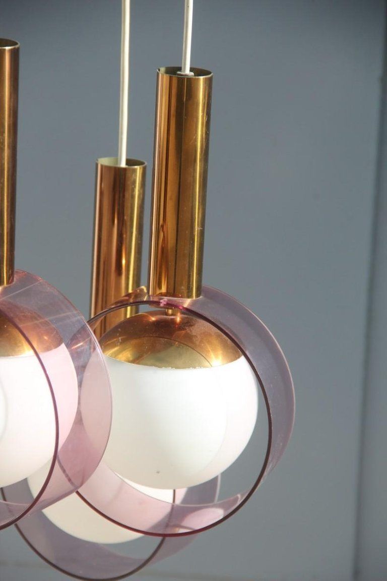 Round Stilux Milano Midcentury Chandelier Brass Plexiglass Gold Italian Design photo for sale