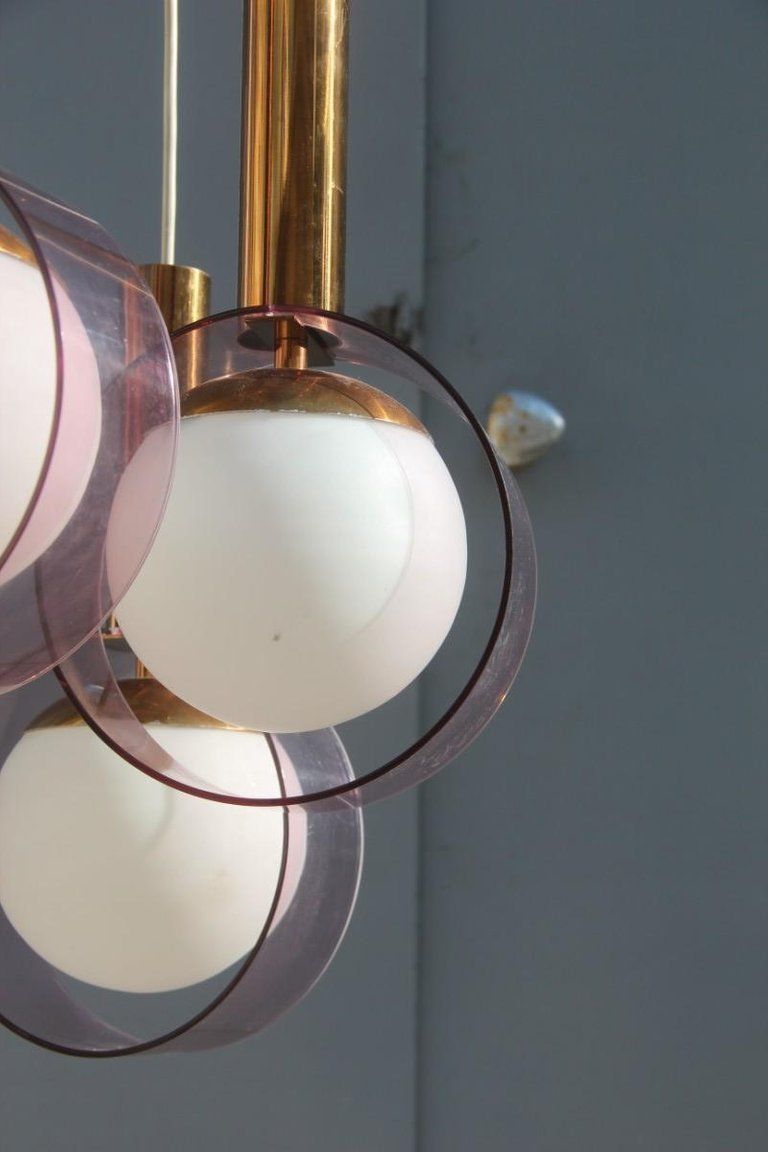 photo furniture Round Stilux Milano Midcentury Chandelier Brass Plexiglass Gold Italian Design