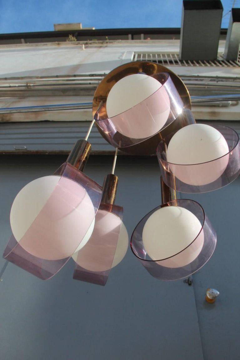 Lighting Round Stilux Milano Midcentury Chandelier Brass Plexiglass Gold Italian Design photo