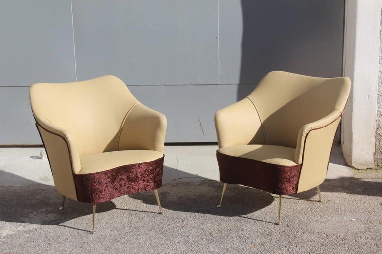 Isa Bergamo Pair Of Armchairs Italian Design Mid Century Modern Brown Brass Feet photo Furniture