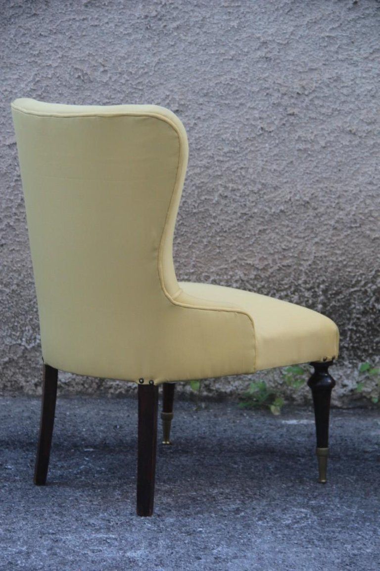 Pair Of Chairs Mid Century Modern Italian Design Yellow Color Wood Brass Feet photo vintage