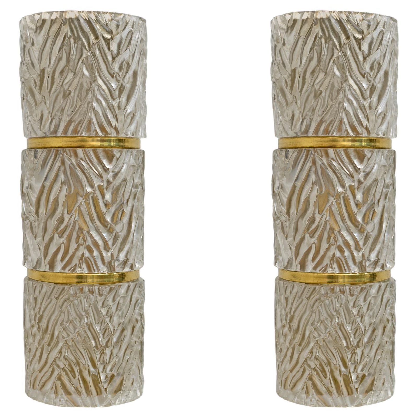 Pair Of Modern Italian Brass And Murano Glass Textured Wall Sconces