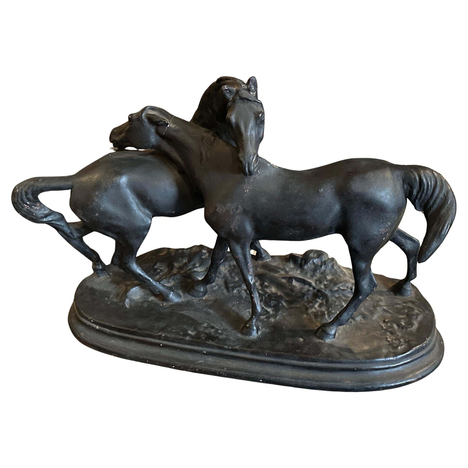 1920s Hand Crafted Black Painted Terracotta Italian Figure Of Two Horses