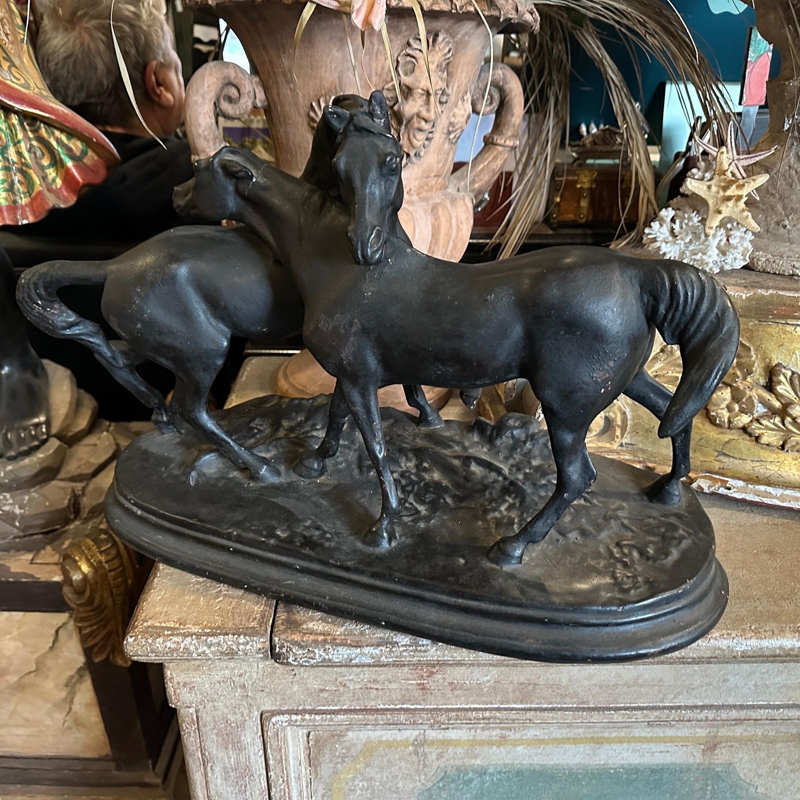 1920s Hand Crafted Black Painted Terracotta Italian Figure Of Two Horses photo vinterior