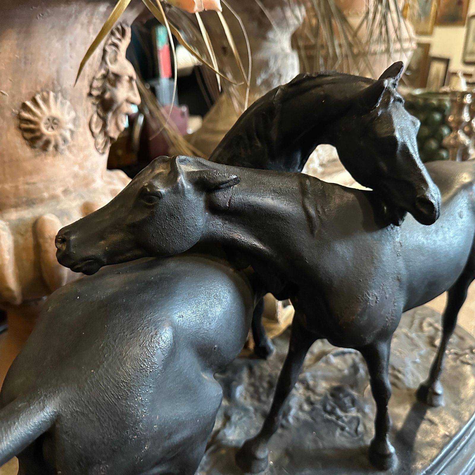 1920s Hand Crafted Black Painted Terracotta Italian Figure Of Two Horses photo vintage