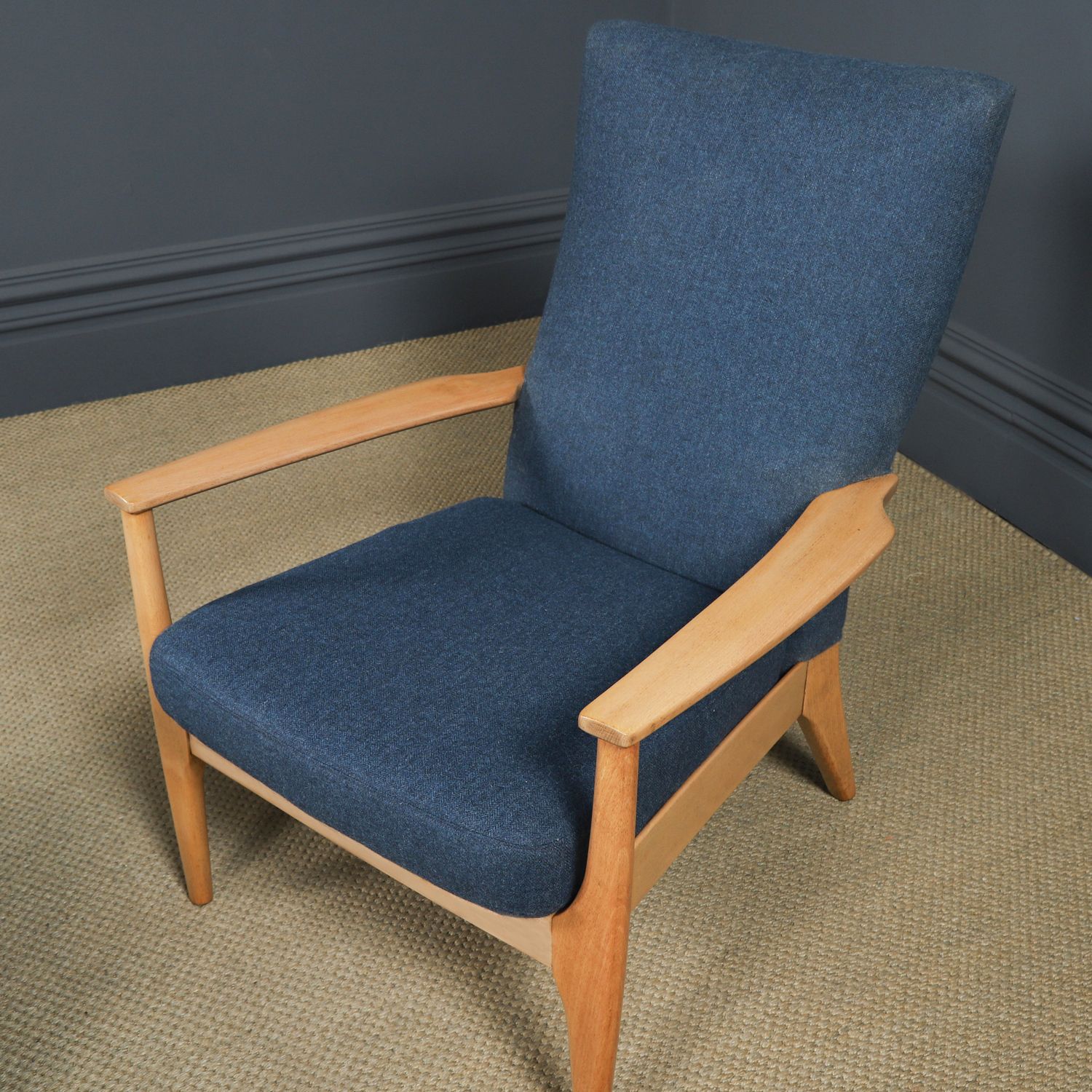 Vintage English Pair Of Parker Knoll Beech Blonde Armchairs / Chairs Blue Wool Upholstery Model Pk 873/4 (Circa 1970) photo Furniture