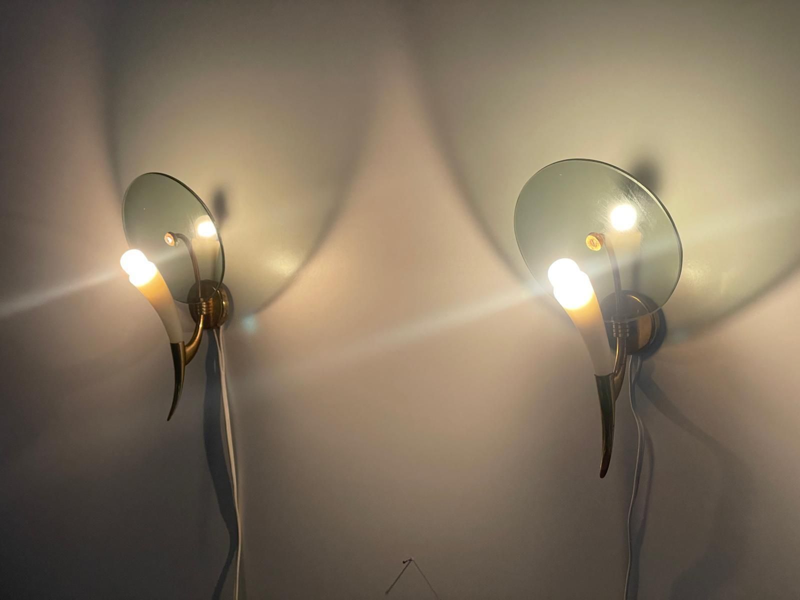 Exclusive Horn Shaped Glass And Brass Pair Of Sconces, 1940s, Italy photo for sale