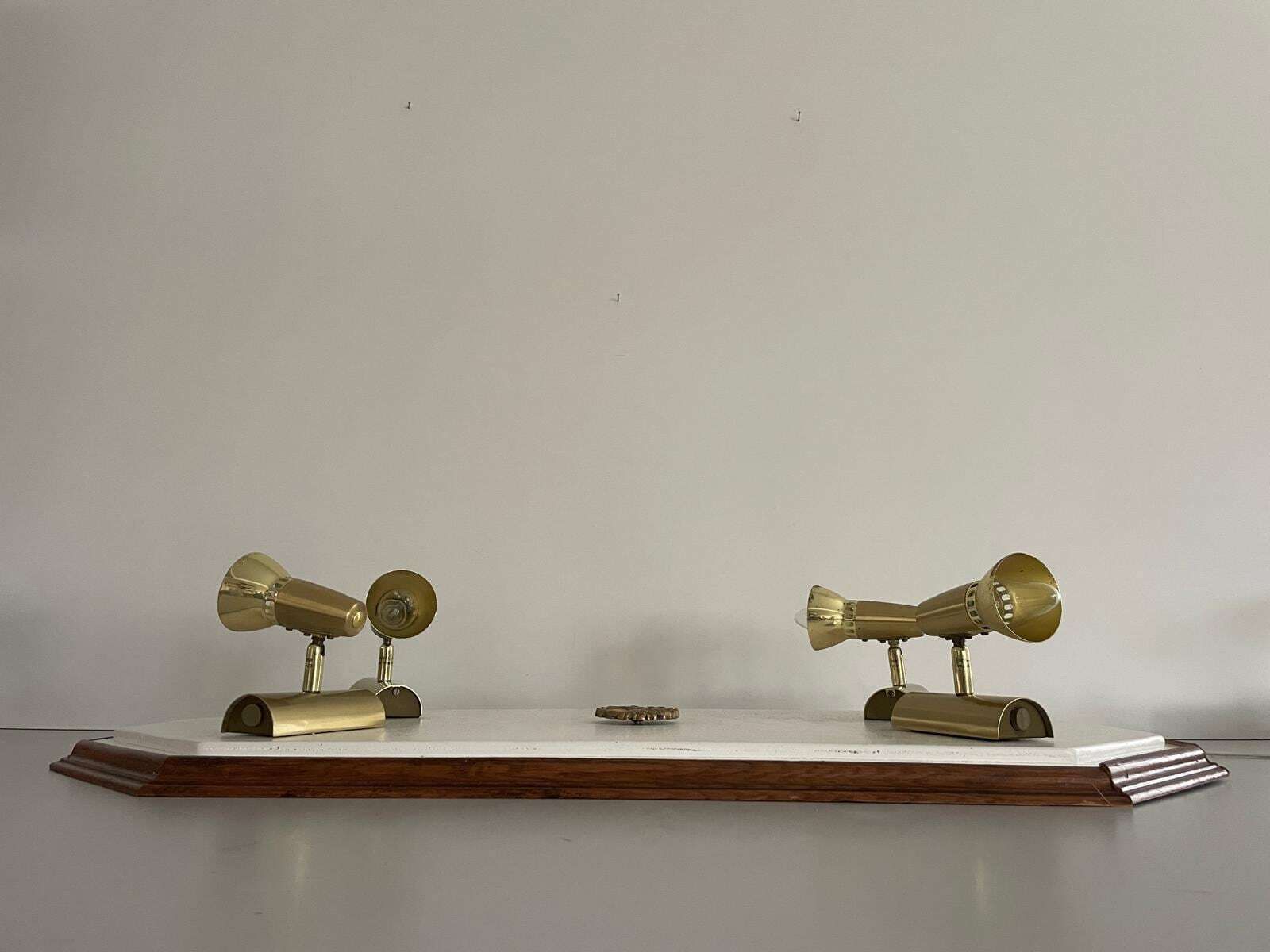Wood Base Xl Flush Mount Or Wall Lamp With 4 Gold Metal Lights, 1960s, Italy photo vinterior