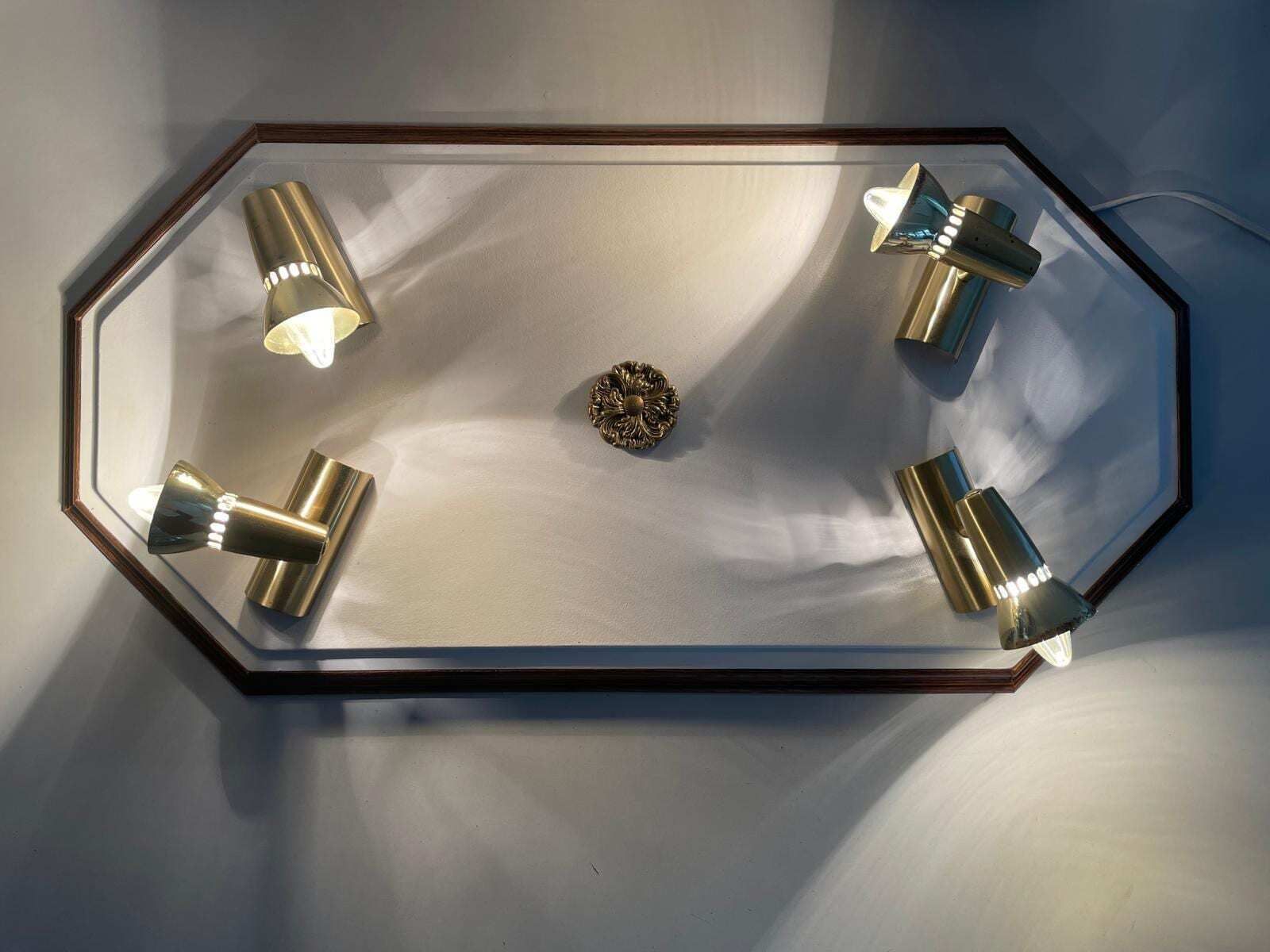 photo furniture Wood Base Xl Flush Mount Or Wall Lamp With 4 Gold Metal Lights, 1960s, Italy