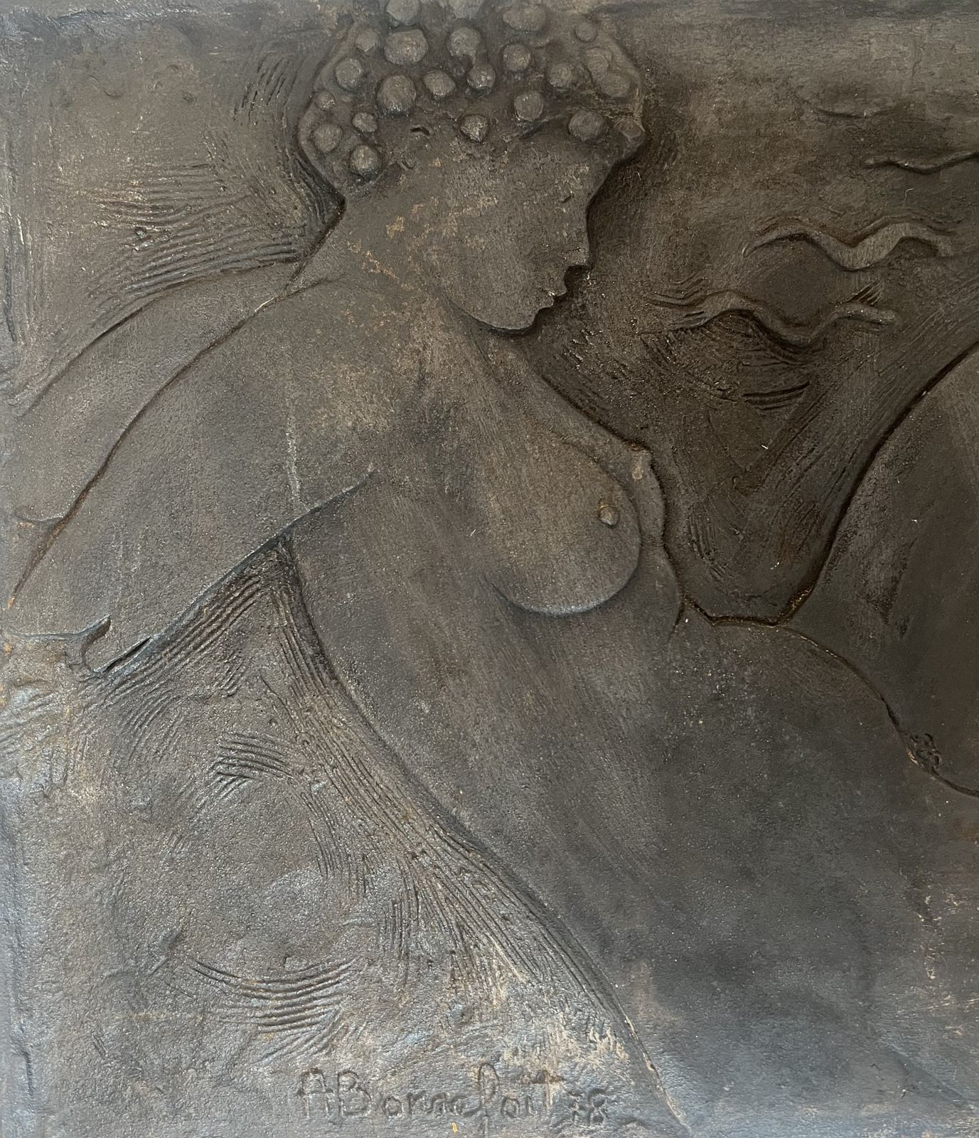 Cast Iron Fireplace Plate Depicting A Naked Woman Signed Bonnefoit, 1978 photo furniture