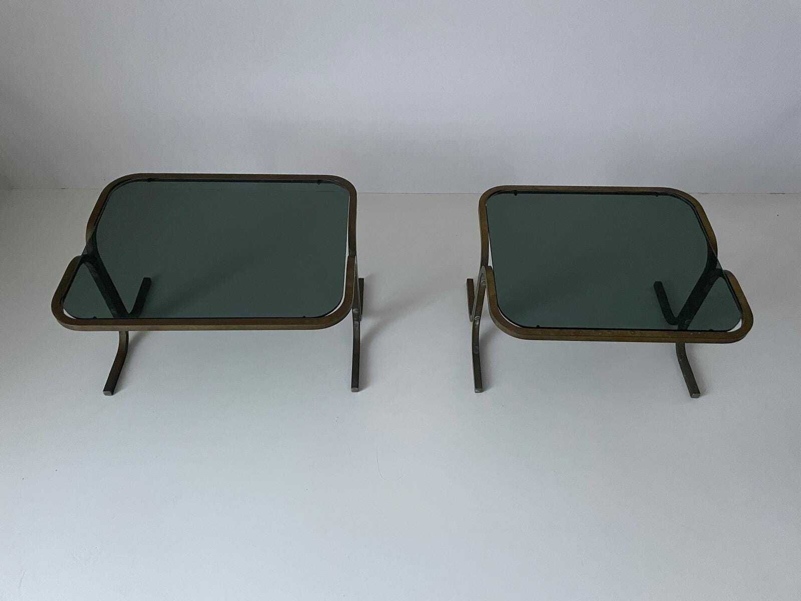 Mid Century Modern Green Glass Top And Brass Body Pair Of Side Tables, 1950s, Italy photo for sale